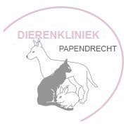 A logo for dierenkliniek papendrecht with a dog , cat , and rabbit.