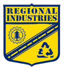 Yellow Regional Industries shield logo with blue border, gear and tree emblem, and recycling symbol on diagonal stripes