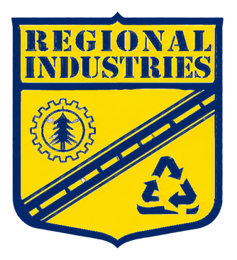 Yellow Regional Industries shield logo with blue border, gear and tree emblem, and recycling symbol on diagonal stripes