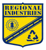 Yellow Regional Industries shield logo with blue border, gear and tree emblem, and recycling symbol on diagonal stripes