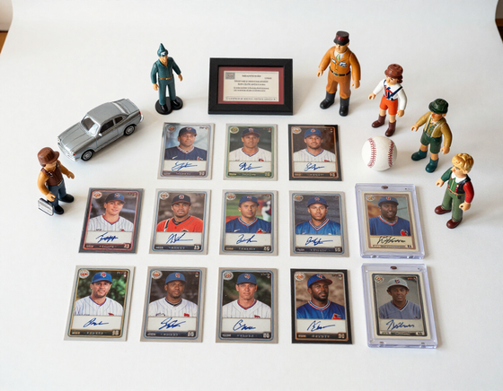 Sports cards and collectibles on a clean surface