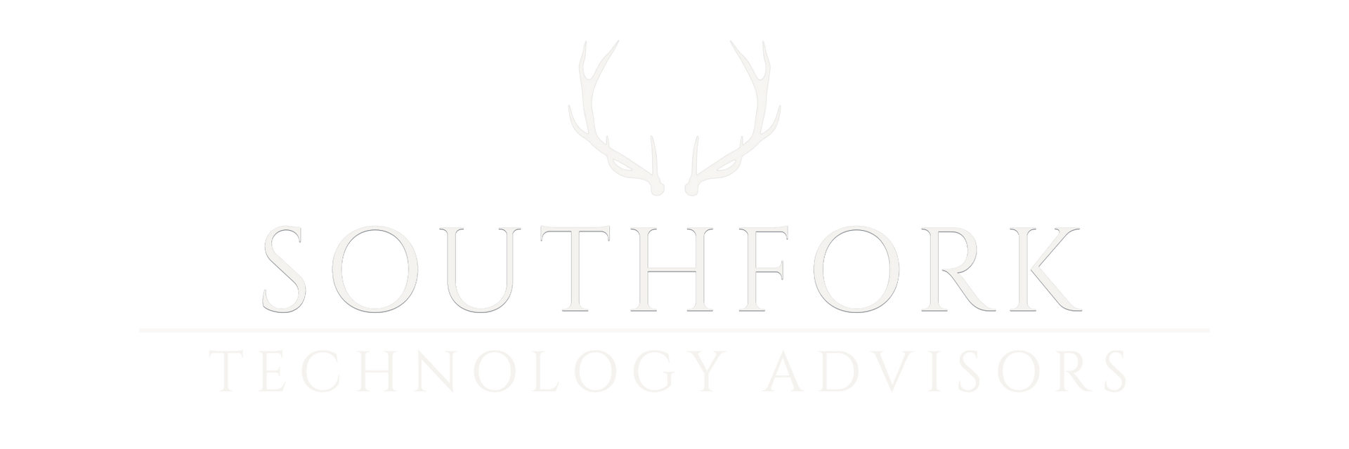 A white logo for southfork technology advisors with antlers on a white background.