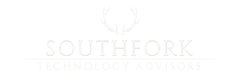 A white logo for southfork technology advisors with antlers on a white background.