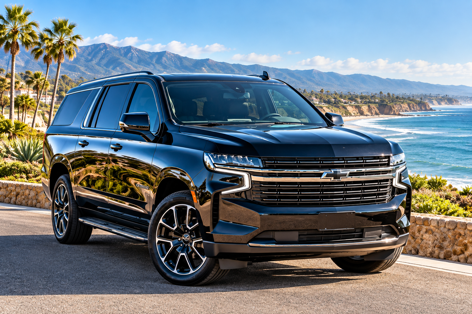 Black Chevrolet Suburban luxury SUV parked along the California coast for private chauffeur transportation.