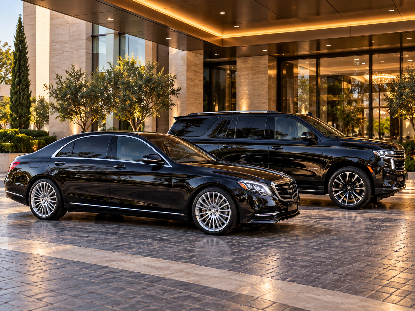 Coastal Private Chauffeur luxury sedan and SUV at a hotel entrance.