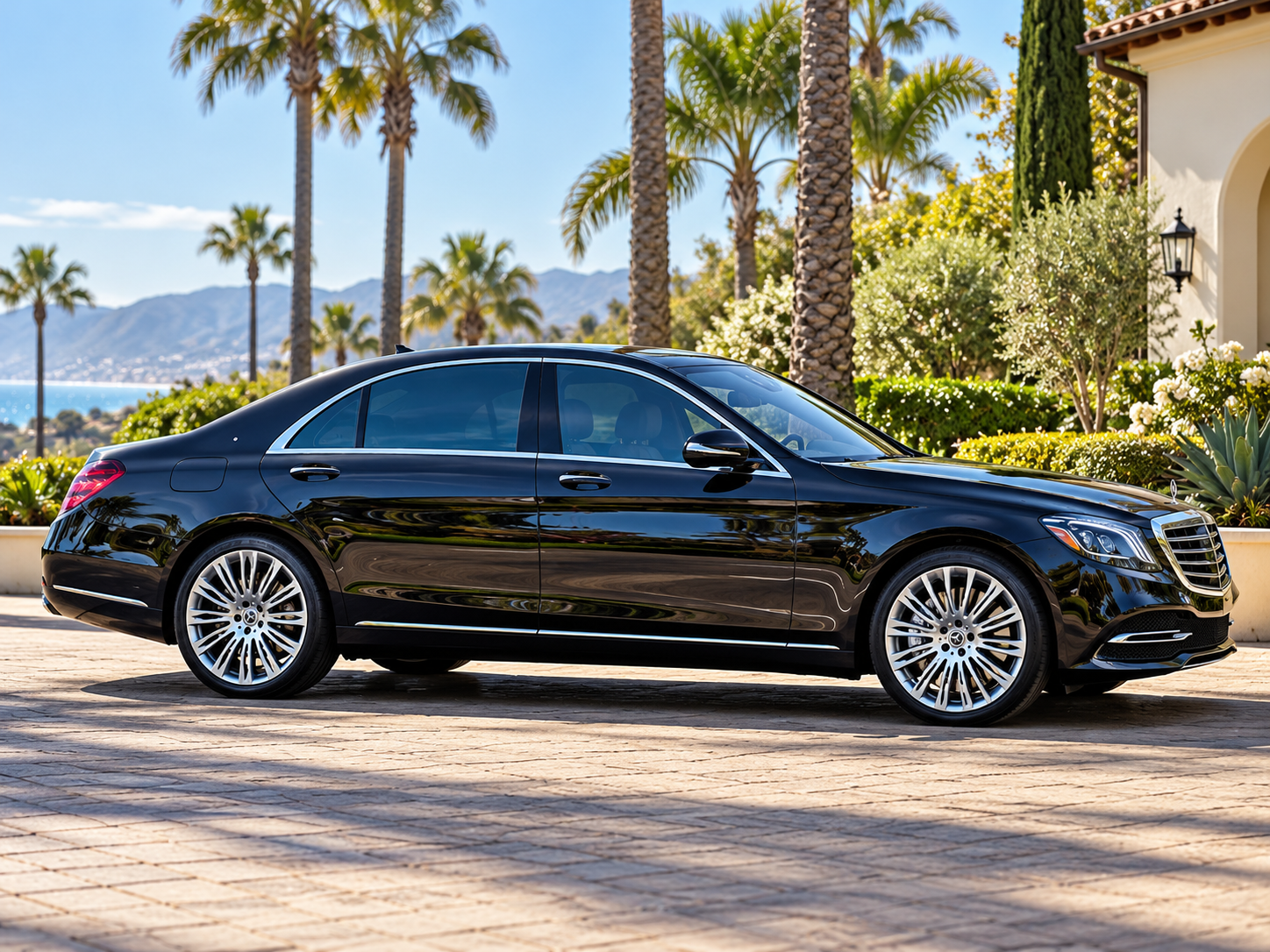 Black Mercedes-Benz S560 luxury sedan for executive chauffeur service in Santa Barbara and Montecito.