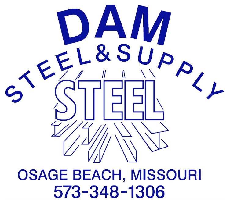 DAM Steel & Supply logo with blue text and a steel graphic, Osage Beach, Missouri, 573-348-1306