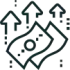 Black line icon of a dollar bill with three upward arrows, suggesting money growth or profit growth