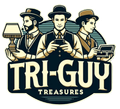 Tri-Guys Treasures logo with three vintage-style figures and bold text on a cream background