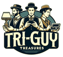 Tri-Guys Treasures logo with three vintage-style figures and bold text on a cream background