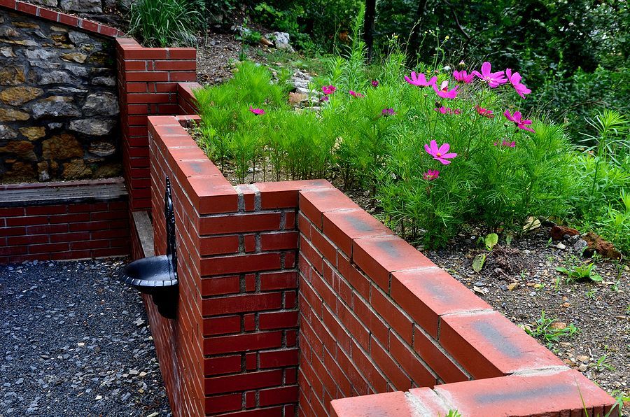 a brick wall with flowers growing out of it