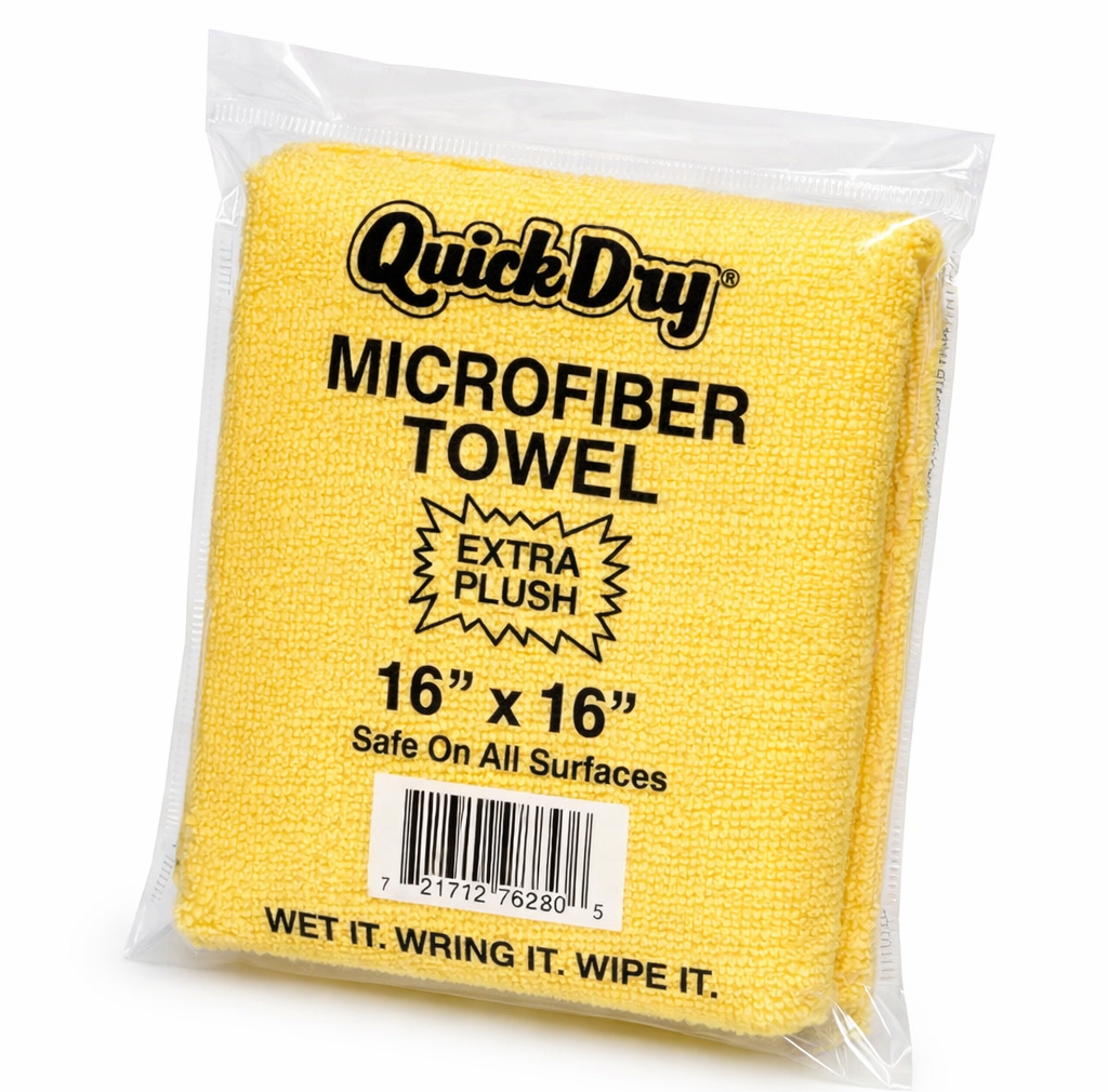 Yellow Quick Dry microfiber towel package, 16 x 16 inches, extra plush, for cleaning surfaces.