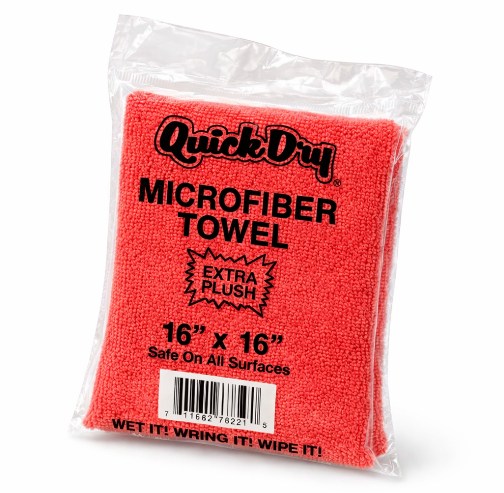 Packaged red QuickDry microfiber towel, 16 x 16 inches, for all surfaces.