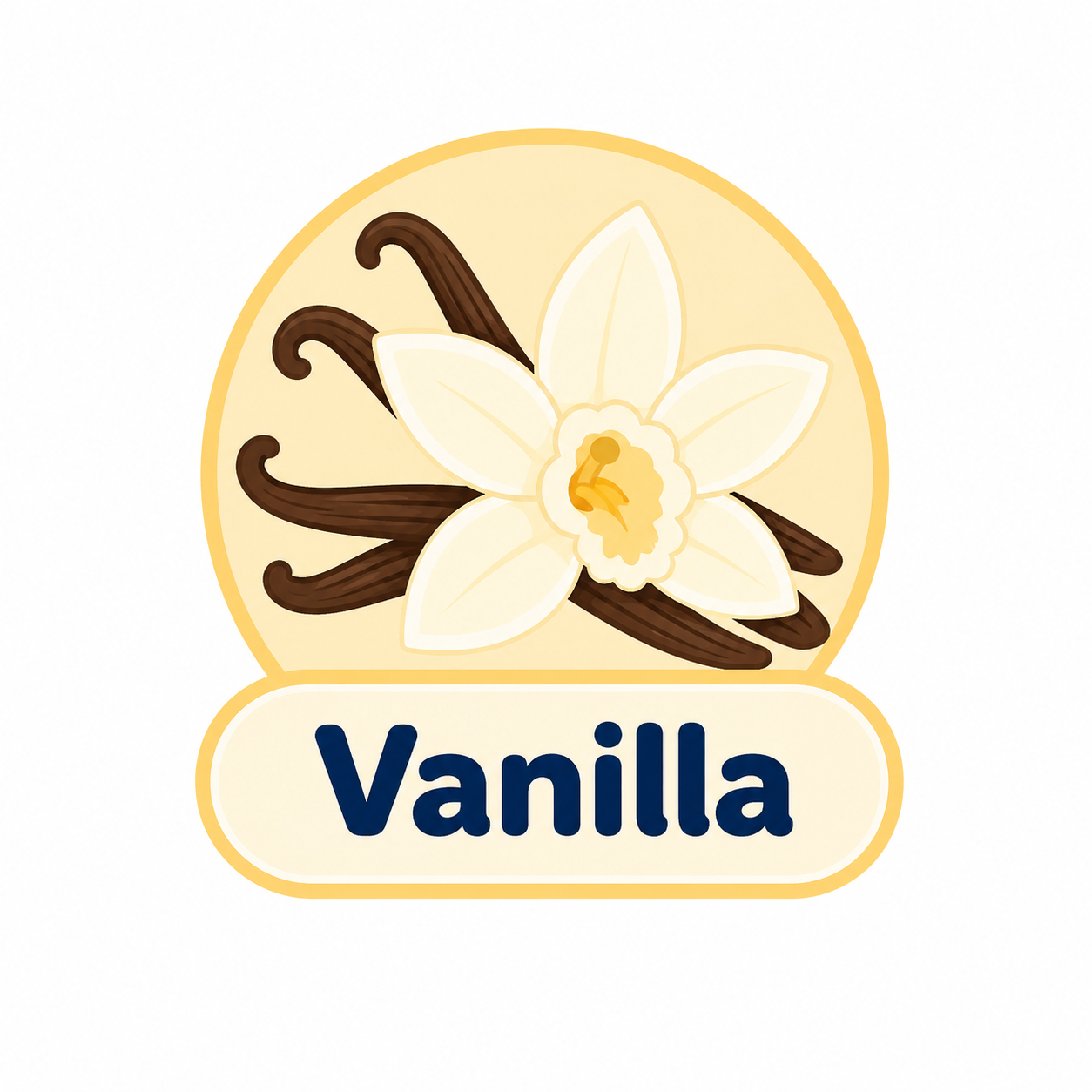 Vanilla flower and beans icon with the word “Vanilla” in blue on a cream badge