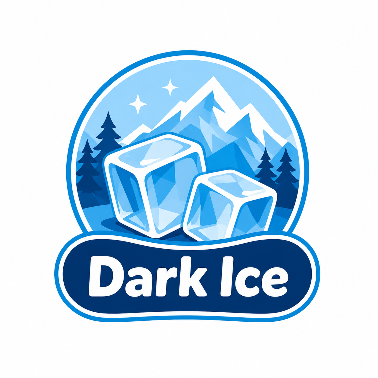 Dark Ice logo with blue ice cubes, snowy mountains, and trees in a circular badge