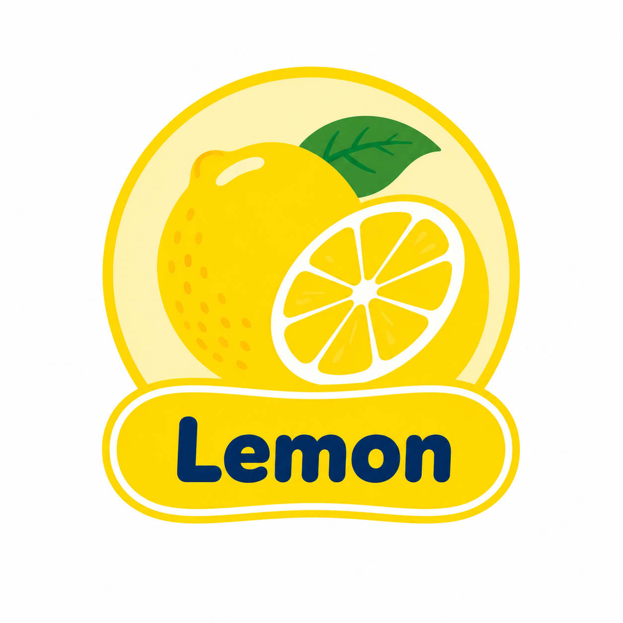Yellow lemon illustration with sliced half and green leaf above the word “Lemon” in blue text
