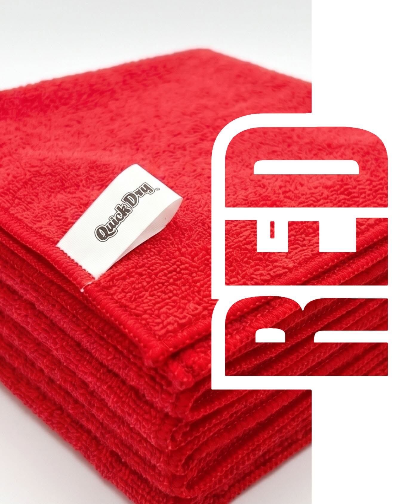 Packaged red QuickDry microfiber towel, 16 x 16 inches, for all surfaces.