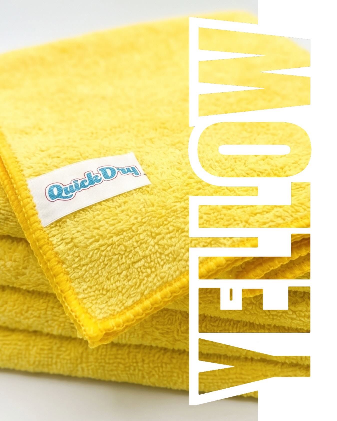 Yellow Quick Dry microfiber towel package, 16 x 16 inches, extra plush, for cleaning surfaces.
