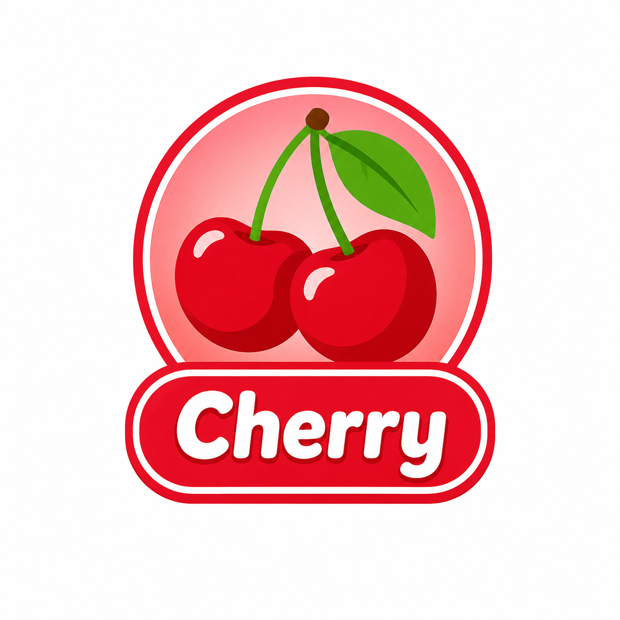 Red cherry logo with two cherries, green leaf, and the word “Cherry” on a pink background