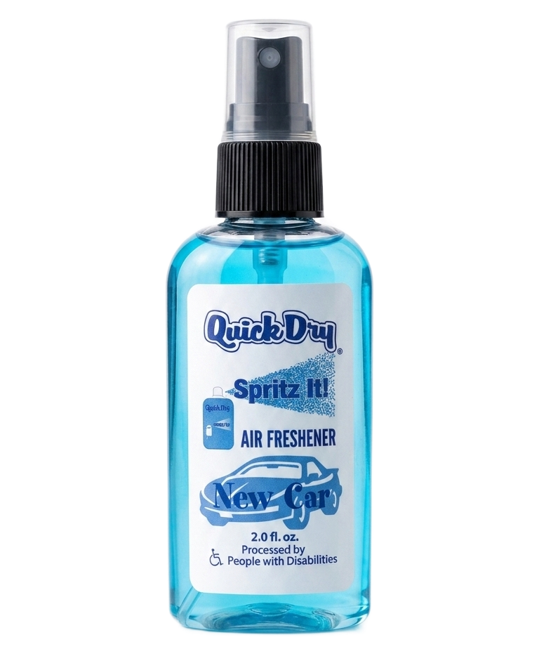 Blue spray bottle of Quik Dip Slip It air freshener with black spray nozzle.