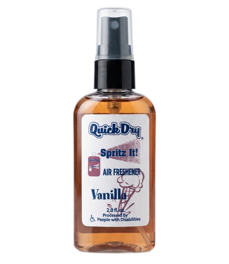 Amber spray bottle of QuikDry Spritz It air freshener with a black nozzle and white label.