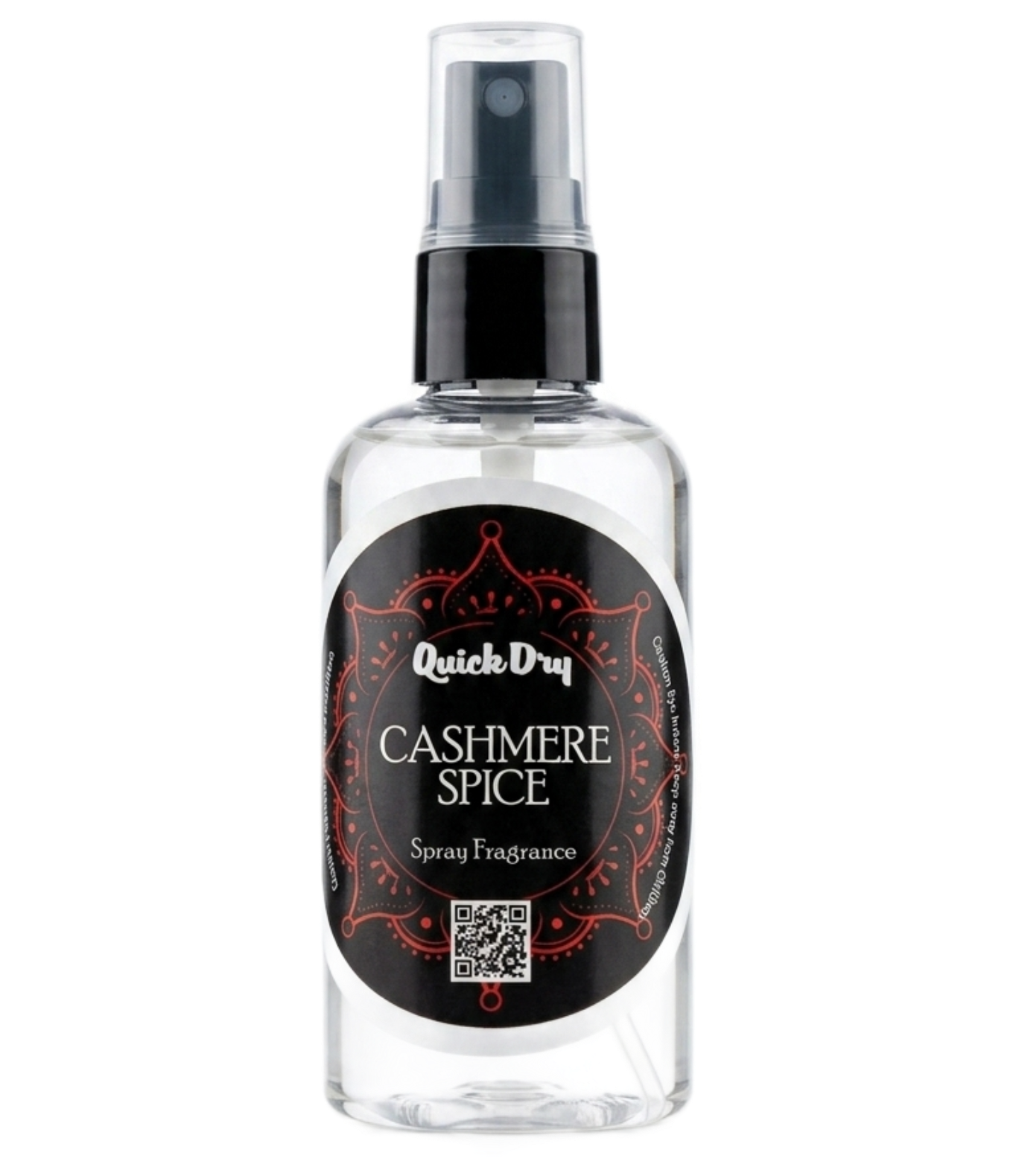 Clear spray bottle labeled “Quick Dry Cashmere Spice” with black and red design, shown on a white background