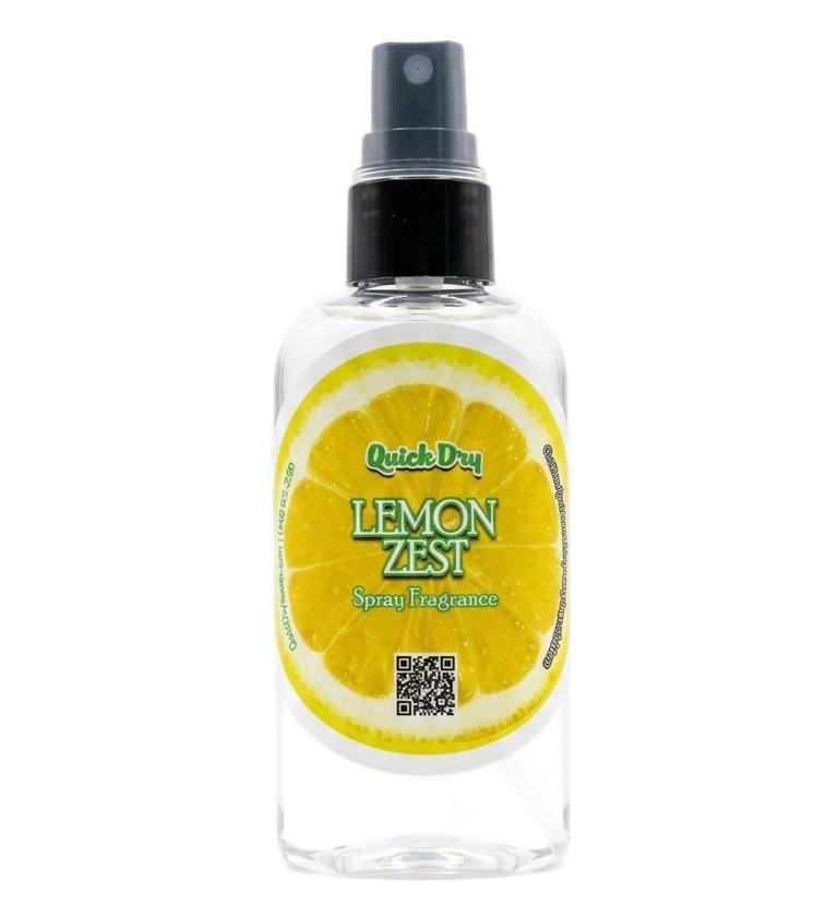 Clear spray bottle with black cap and lemon label, filled with yellow liquid.