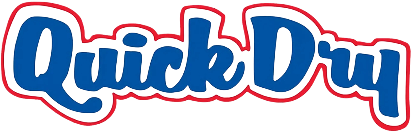 Quick Dry logo in blue script with red outline on a white background