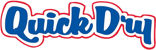 Quick Dry logo in blue script with red outline on a white background