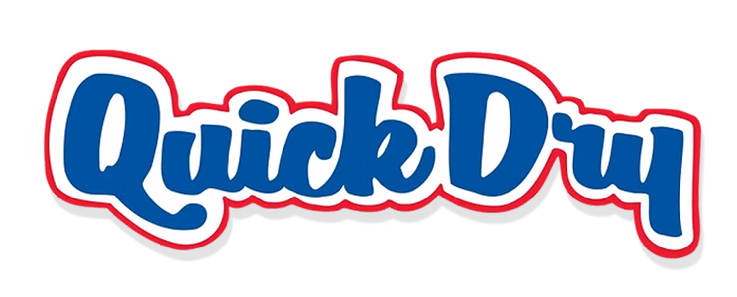 QuickDry logo in blue script with red outline on a white background