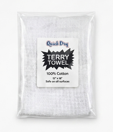 Packaged white Terry Towel, 100% cotton, soft on your skin label