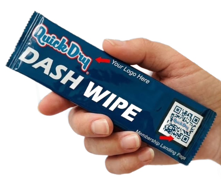 Blue Dash Wipe packet held in a hand, with QR code and “Your Logo Here” text.