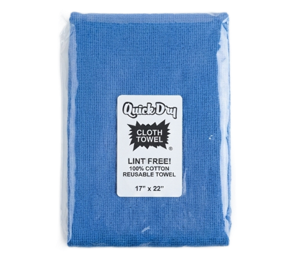 Blue Quick Dry cloth towel package with white label on a plain background