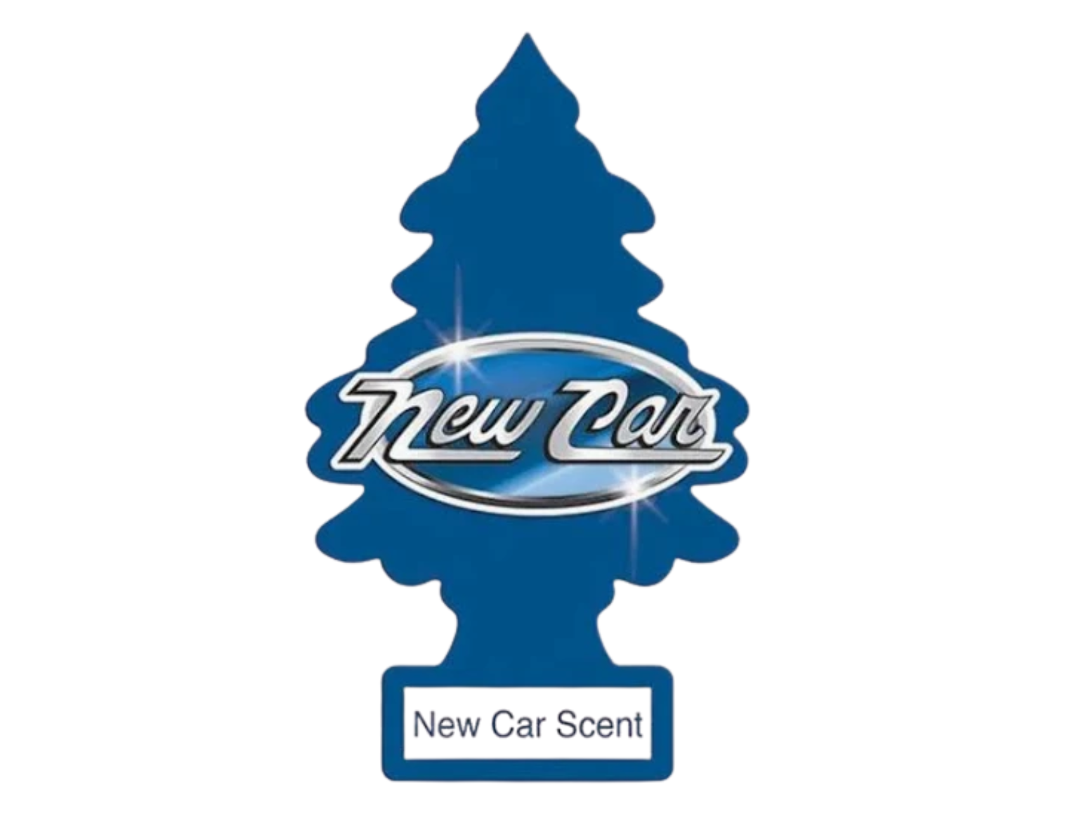 Blue tree-shaped car air freshener labeled “New Car Scent”