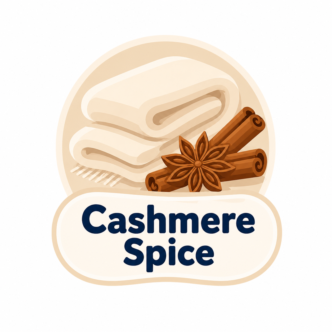 Cashmere Spice logo with folded cream fabric, cinnamon sticks, and star anise in beige and navy