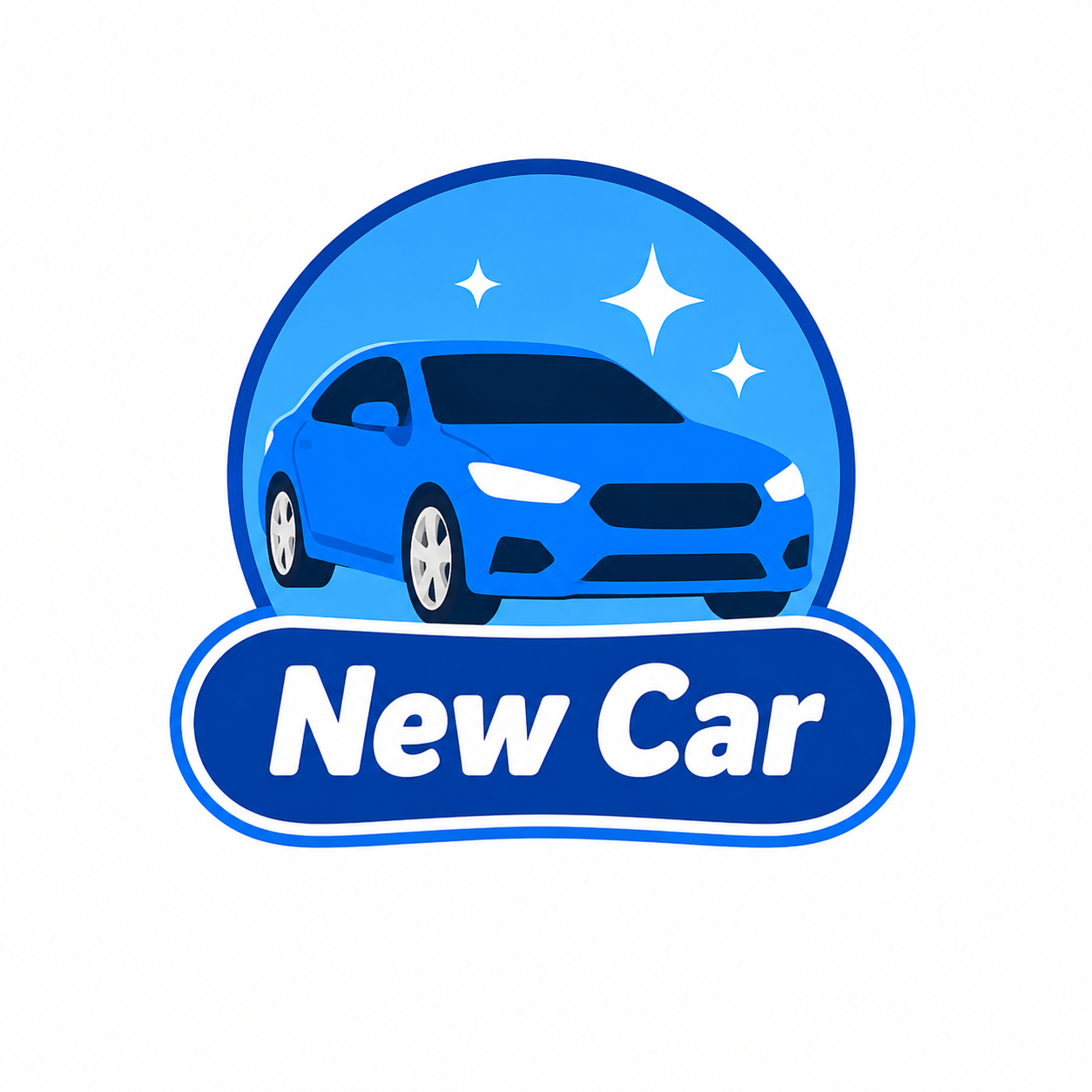 Blue car icon with sparkles and the text “New Car” on a blue badge