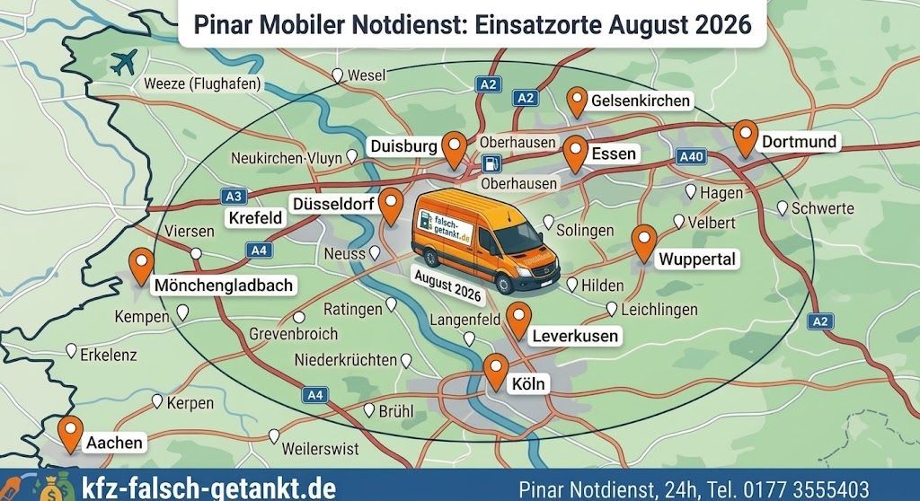 Einsatzorte Abpumpservice kfz-falsch-getankt.de Düsseldorf, Essen, Bochum, Duisburg, Mülheim, Dortmund, Köln, Krefeld, Neuss