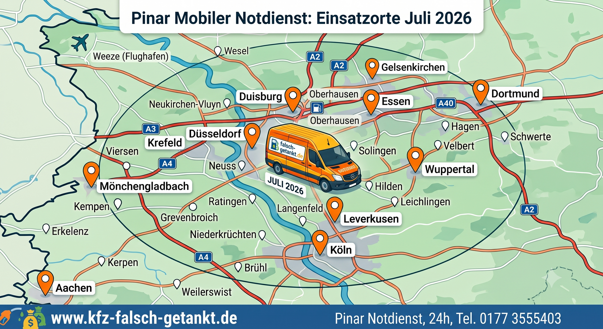 Einsatzorte Abpumpservice kfz-falsch-getankt.de Düsseldorf, Essen, Bochum, Duisburg, Mülheim, Dortmund, Köln, Krefeld, Neuss