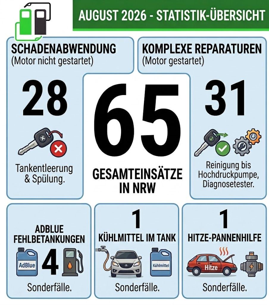 65 Gesamteinsätze im Juli 2026, davon 28 mit Schadenabwendung und 31 komplexe Reparaturen nach Falschbetankung