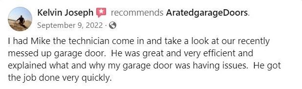 A facebook post from kelvin joseph recommends a rated garage doors.