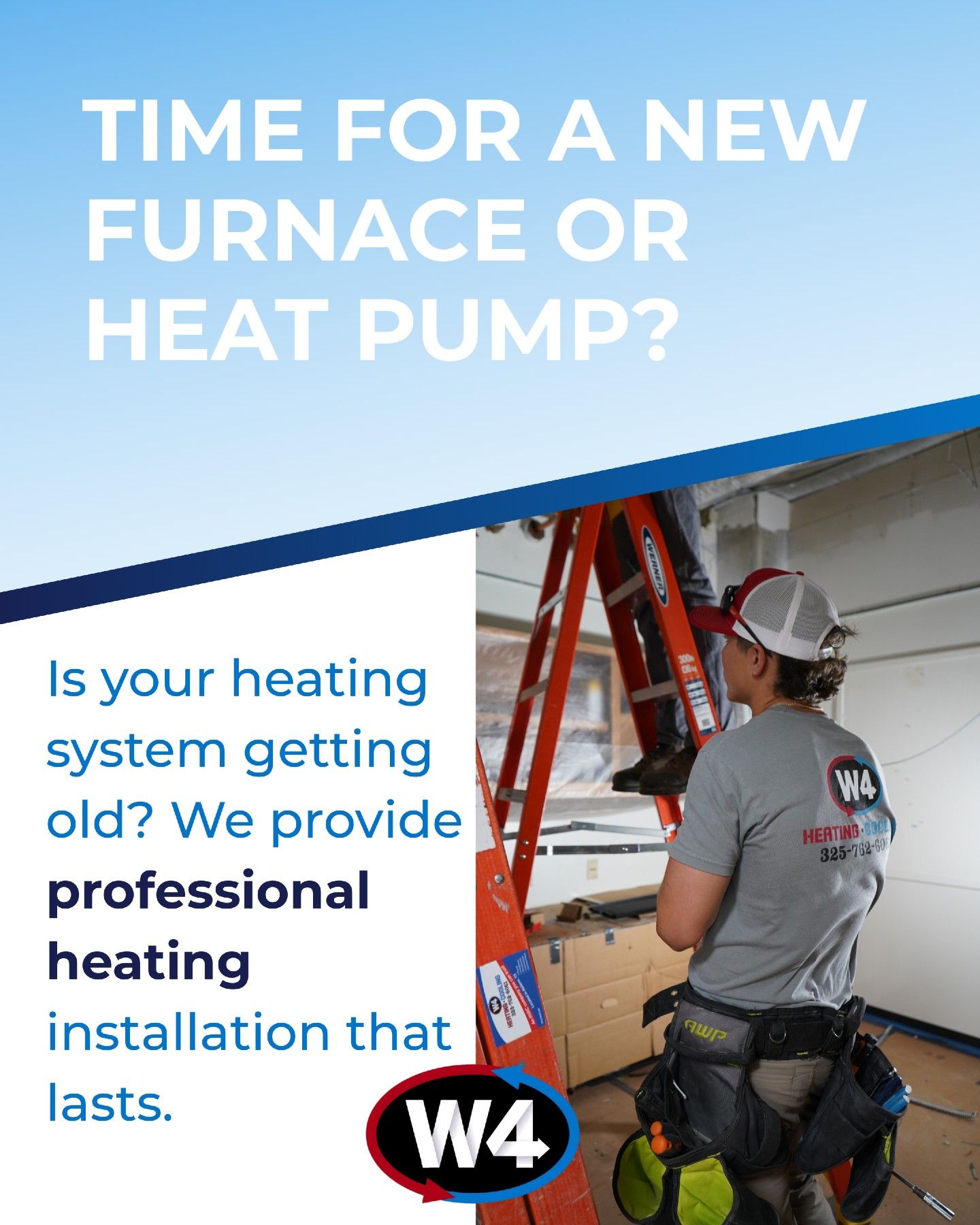 HVAC ad with worker on ladder and text: “Time for a new furnace or heat pump?”