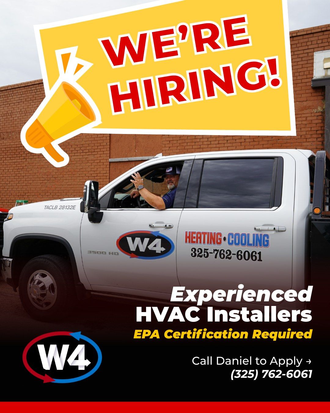 White W4 HVAC service truck with “We’re Hiring!” sign and “Experienced HVAC Installers” ad