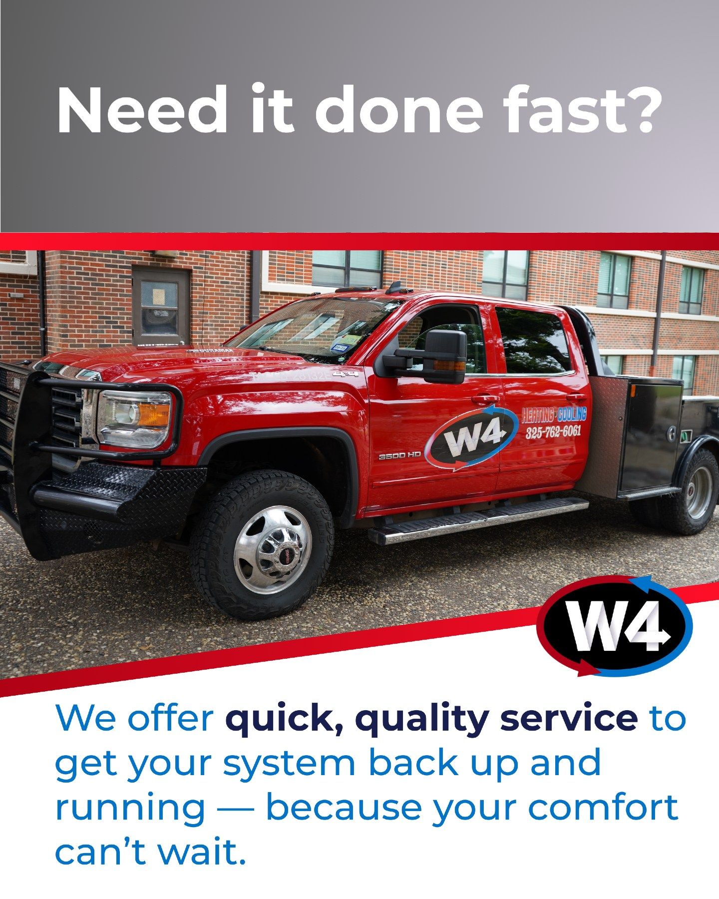 Red W4 tow truck parked on a wet street, with text: “Need it done fast?” and service ad copy.