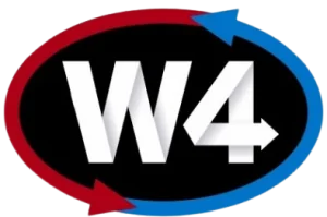W4 logo in white on a black oval, surrounded by red and blue circular arrows.