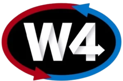 W4 logo in white on a black oval, surrounded by red and blue circular arrows.