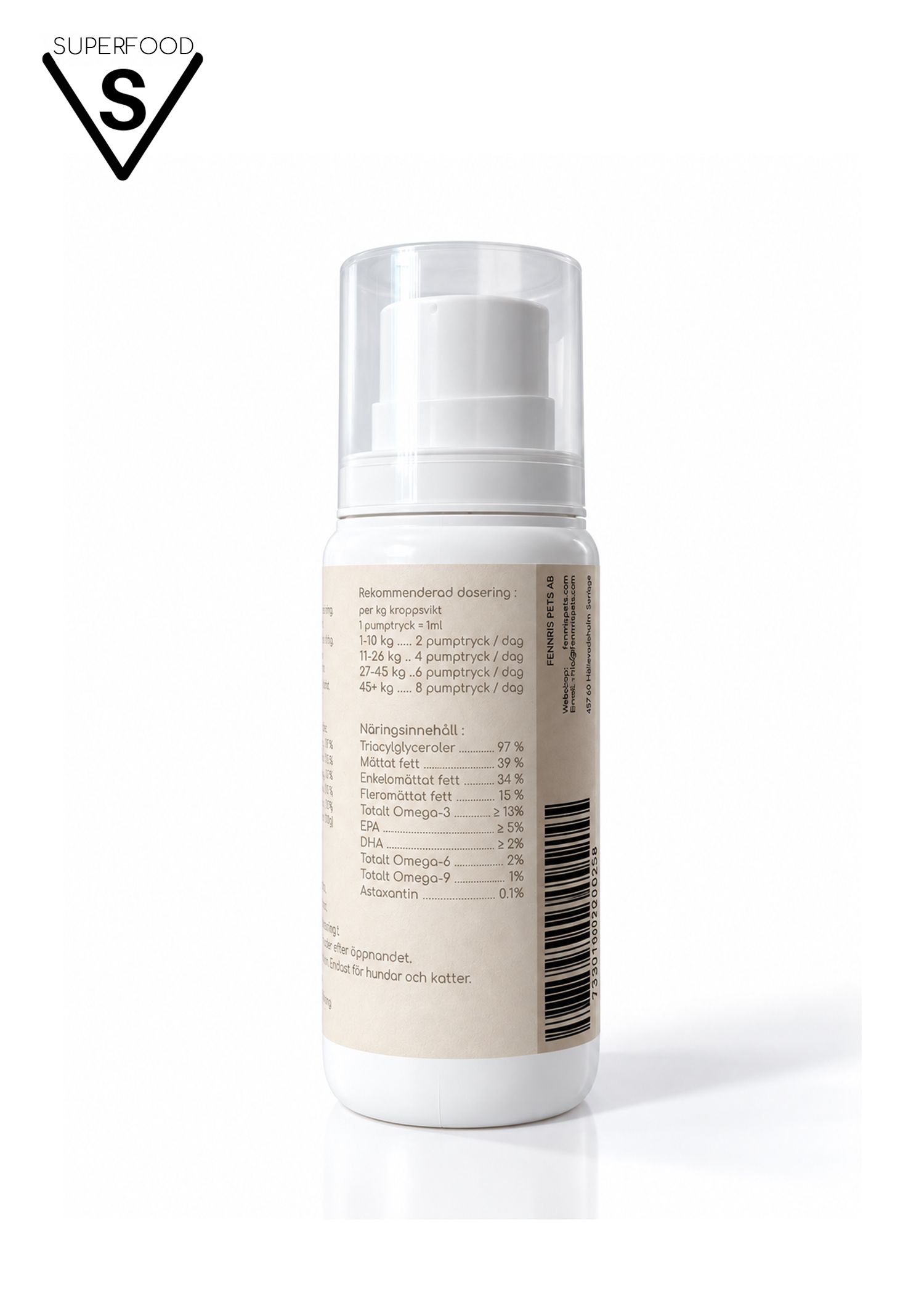 White Fennris Pets bottle with a clear pump cap on a plain background