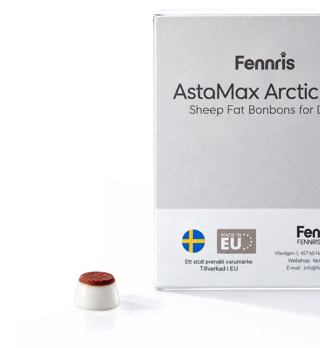 Fennris Pets AstaMax Arctic sheep fat bonbon box with a small red-and-white capsule in front