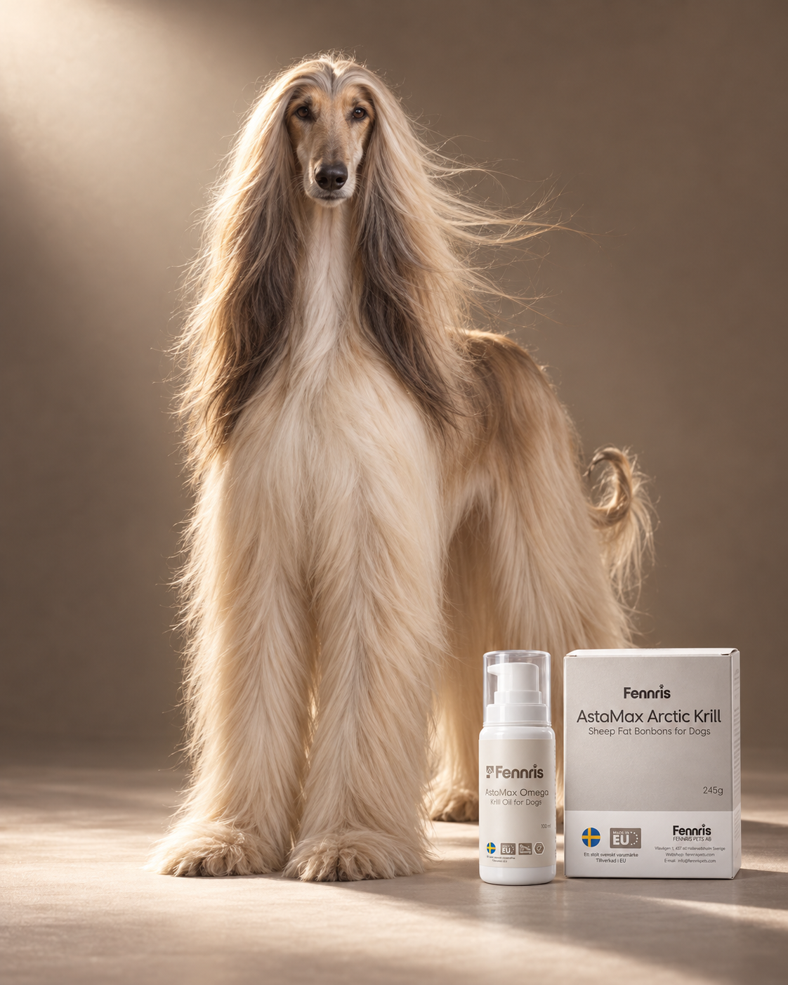 Afghan Hound beside white pet-care product bottle and box on a studio backdrop