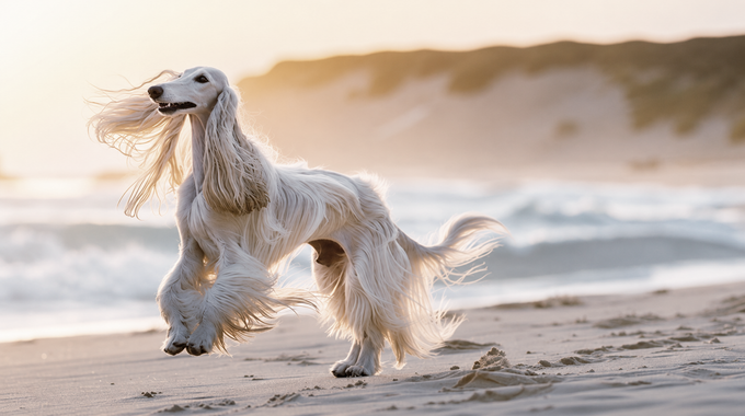 Long-haired white dog running on a sandy beach with a tennis ball in its mouth at sunset