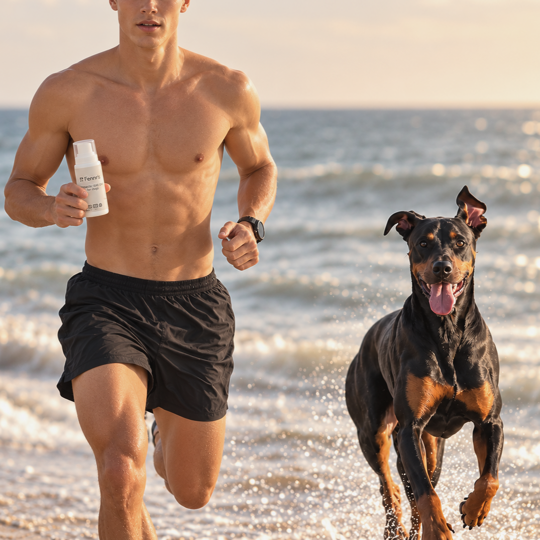 Athlete running on a beach with a black dog, both splashing through shallow water at sunset